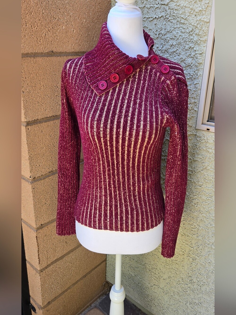 By Next Era Ribbed Button-Accent Wine Metallic Women's Sweater